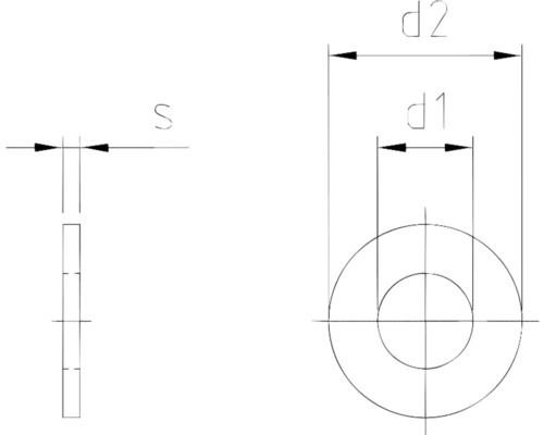 Desen tehnic al unei șaibe cu dimensiunile d1, d2 și s