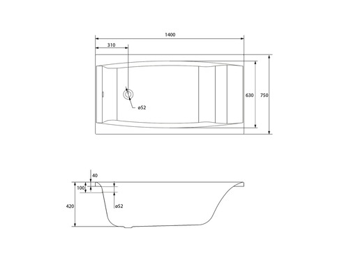 Desen tehnic al unei căzi cu dimensiuni.