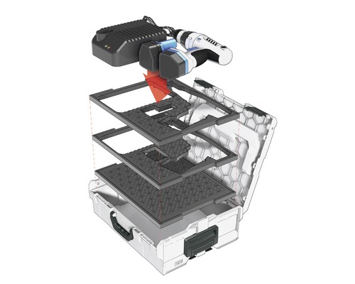 Valiză de scule cu șurubelniță cu acumulator, acumulatori și încărcător cu rafturi de inserție