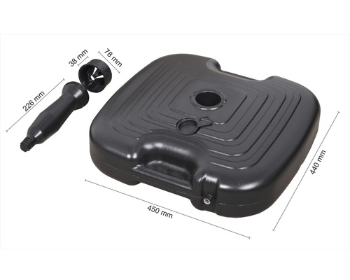 Suport de umbrelă de soare din plastic cu dimensiunile de 450 pe 440 milimetri și accesorii.