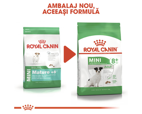 Royal Canin Mini Adult 8+ ambalaj hrană pentru câini în comparație