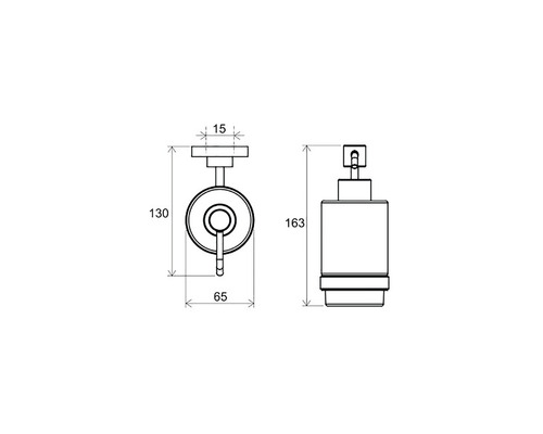 Desen tehnic al unui dozator de săpun cu indicații de dimensiuni.