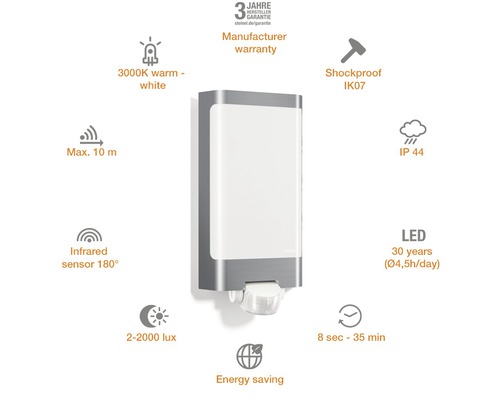 Lumină LED de exterior cu senzor de mișcare, 3000 Kelvin alb cald, rază maximă de acțiune 10 metri, senzor infraroșu 180 grade, rezistență la șocuri IK07, grad de protecție IP44, garanție producător