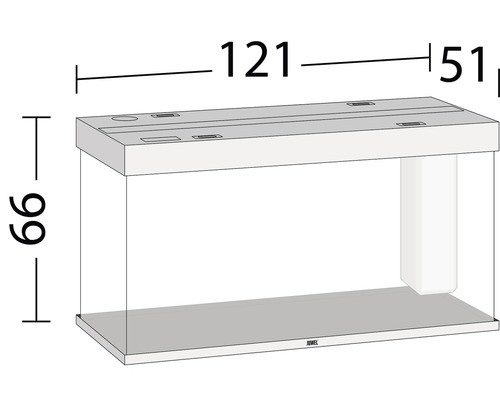 Schiță a unui acvariu cu dimensiunile 121 x 51 x 66 cm.