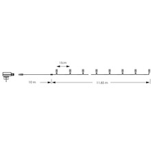 Reprezentare schematică a unui lanț luminos de 21,85 metri lungime, cu zece lumini la o distanță de 15 centimetri.