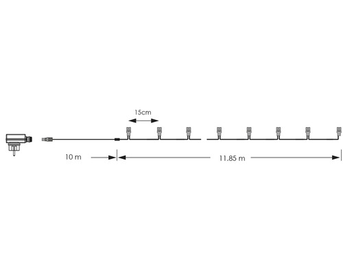 Reprezentare schematică a unui lanț luminos de 21,85 metri lungime, cu zece lumini la o distanță de 15 centimetri.