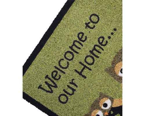 Covoraș de intrare cu textul Bine ați venit acasă și motive cu bufnițe