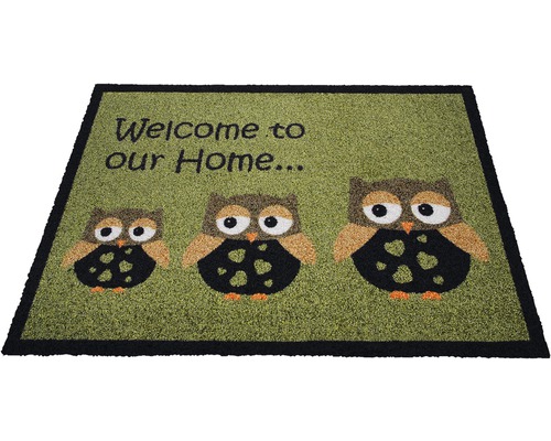 Covoraș de ușă cu textul Bine ați venit acasă și motive cu bufnițe