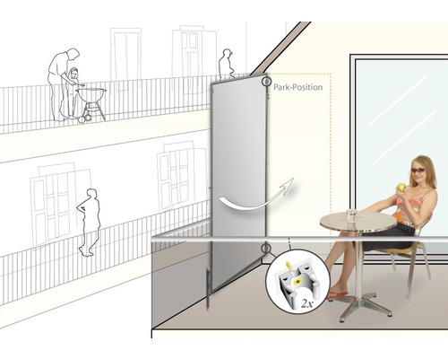 Scenă de balcon cu copertină laterală pentru intimitate și protecție împotriva soarelui și a vântului.