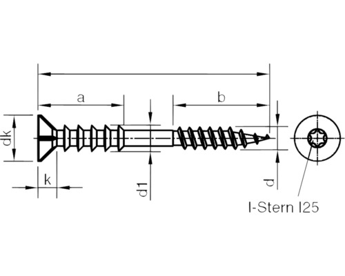 Desen tehnic al unui șurub cu antrenare I-Stern I25 și dimensiuni detaliate