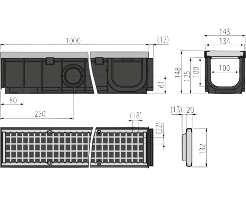 Desen tehnic al unui canal de scurgere cu dimensiuni.