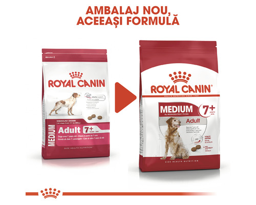 Hrană uscată Royal Canin pentru câini de talie medie, în ambalaj vechi și nou