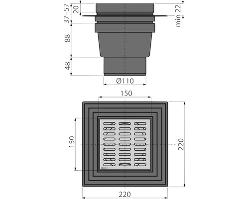 Desen tehnic al unui sifon de pardoseală cu dimensiunile de 150 x 150 mm