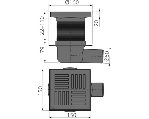 Desen tehnic al unui sifon de pardoseală cu indicații de dimensiuni