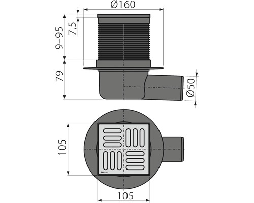Desen tehnic al unui sifon de pardoseală cu dimensiuni