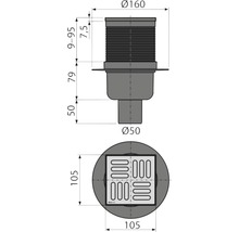 Sifon polipropilenă pardoseală Alca APV2 grătar oțel inoxidabil 105x105 mm ieșire verticală Ø 50 mm-thumb-1