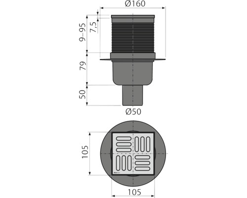 Desen tehnic al unui sifon de pardoseală cu dimensiuni