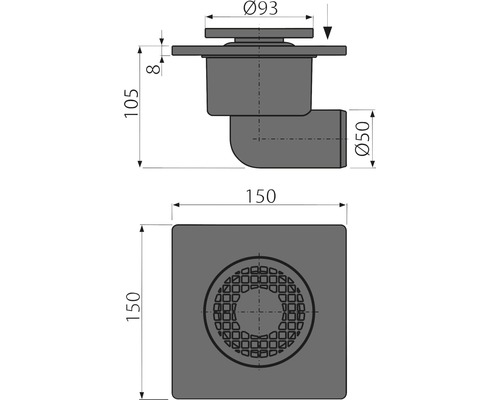 Desen tehnic al unui sifon de pardoseală cu dimensiuni