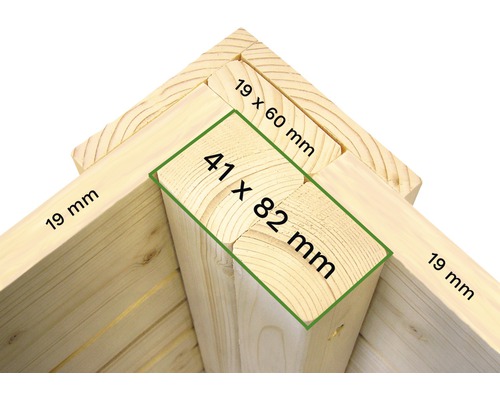 Detaliu al conexiunilor din lemn cu dimensiunile 19 mm, 19 x 60 mm și 41 x 82 mm