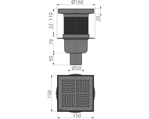 Desen tehnic al unui sifon de pardoseală cu dimensiuni