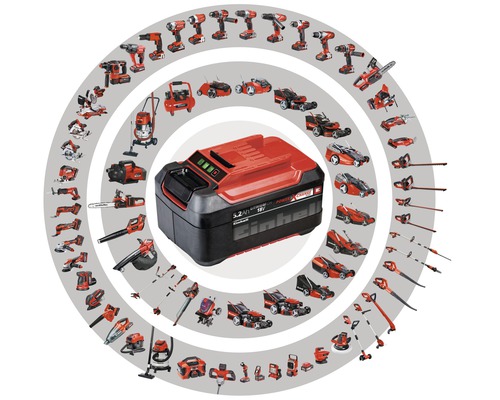 Acumulator Einhell cu diverse unelte în fundal