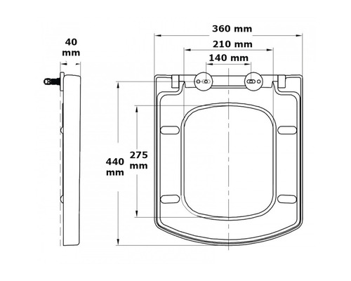 Desen tehnic al unui capac de toaletă cu dimensiuni