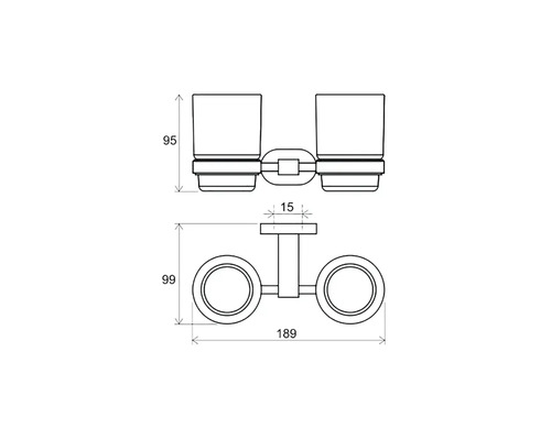 Desen tehnic al unui suport dublu pentru pahare de periuțe de dinți cu indicații de dimensiuni.