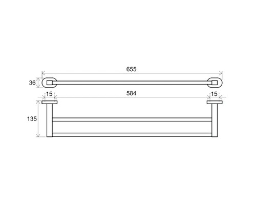 Desen tehnic al unui suport de prosop cu raft și indicații de măsurare