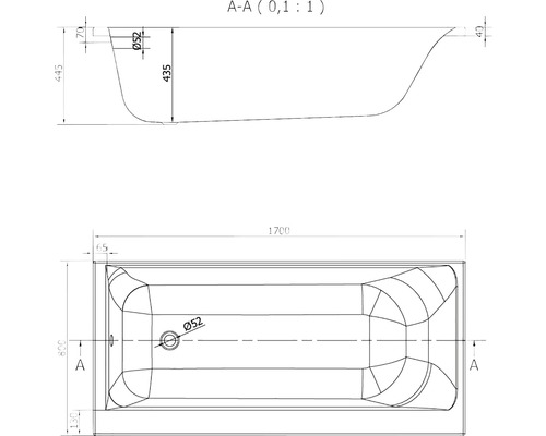 Desen tehnic al unei căzi cu dimensiuni