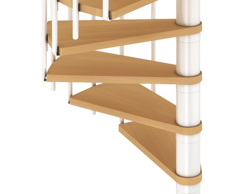 Prim-plan cu o scară spiralată cu trepte din lemn și balustradă metalică