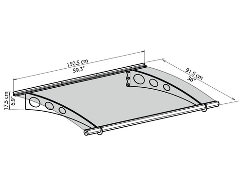 Desen tehnic al unui copertine deasupra ușii de intrare cu dimensiuni