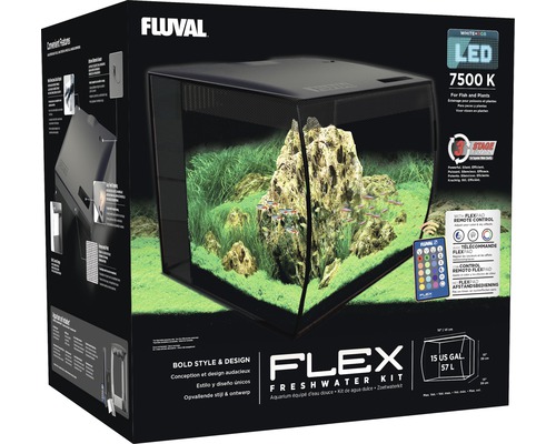 Set complet acvariu apă dulce Fluval Flex cu sistem de iluminare și filtrare în ambalajul produsului