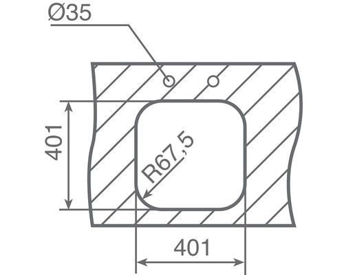 Desen tehnic cu dimensiunile unui produs: diametru 35, înălțime 401, lățime 401, rază 67,5