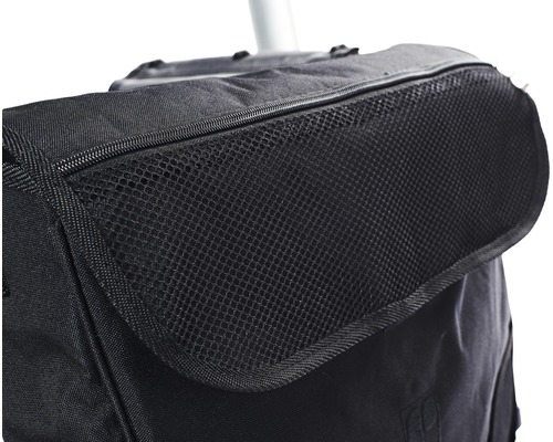 Prim-plan cu un sac negru pentru cărucior de cumpărături, cu compartiment din plasă și fermoar