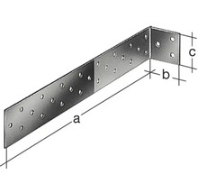 Conector unghiular din metal cu găuri pentru șuruburi și indicații de dimensiuni