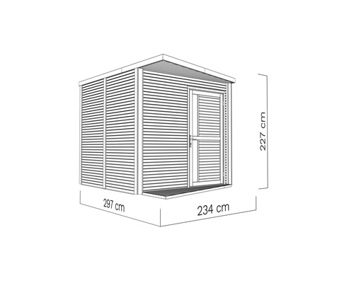 Ilustrație cu o magazie de grădină cu dimensiunile de 297 x 234 x 227 centimetri.