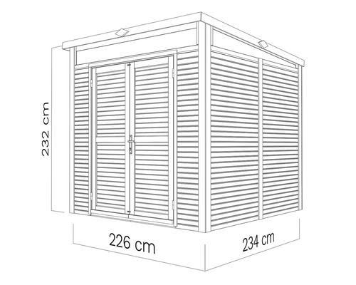 Ilustrație a unei case de grădină cu dimensiunile de 232 cm înălțime, 226 cm și 234 cm lățime.