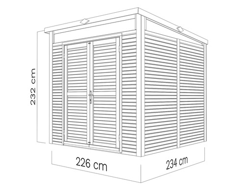 Desen tehnic al unei căsuțe de grădină cu dimensiunile de 232 cm înălțime, 226 cm lățime și 234 cm adâncime.
