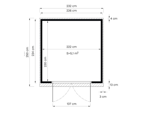 Plan cu dimensiuni: 232 cm x 250 cm