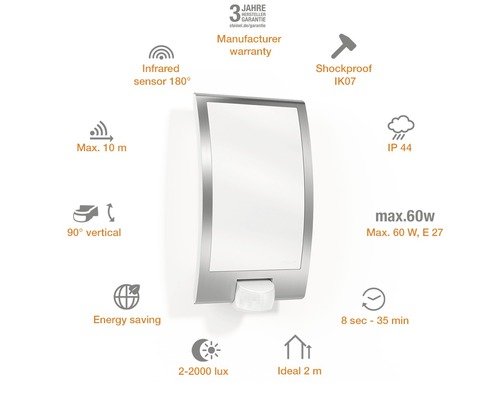 Aplică exterior Steinel L22 E27 max. 1x60W, senzor de mișcare IP44, oțel inoxidabil