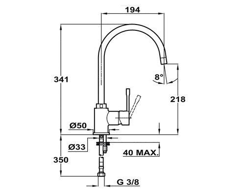 Desen tehnic al unei baterii de bucătărie cu dimensiuni