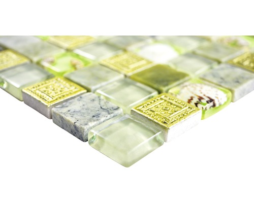 Placă de mozaic cu elemente de sticlă, piatră și scoici