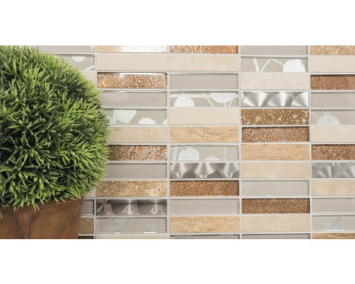 Placă decorativă de mozaic din sticlă și piatră în format orizontal