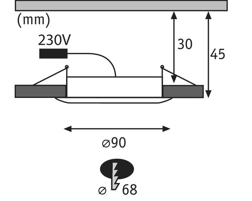 Desen tehnic al unui corp de iluminat încastrat cu dimensiuni și simbol de 230 V