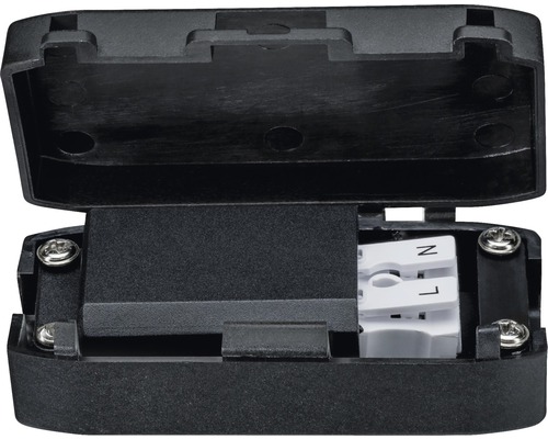 Cutie de joncțiune neagră cu capac deschis și conexiuni cu șuruburi