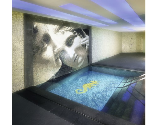 Interior cu imagine mozaic pe perete și piscină cu model de căluț de mare