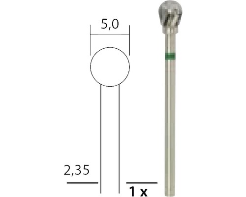 Freză diamantată cu o dimensiune de 5,0 milimetri și o dimensiune a tijei de 2,35 milimetri.