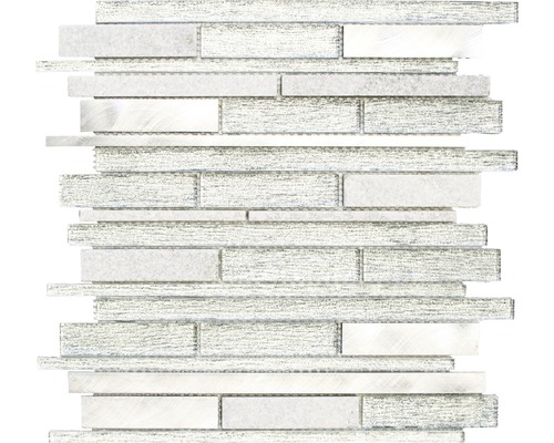 Mozaic sticlă-piatră naturală-metal XAM GV64 mix alb 29,8x31 cm Placă de mozaic din sticlă și metal
