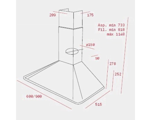 Desen tehnic al unei hote de aragaz cu dimensiuni