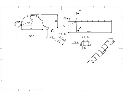 Desen tehnic al unui produs de acoperiș cu dimensiuni
